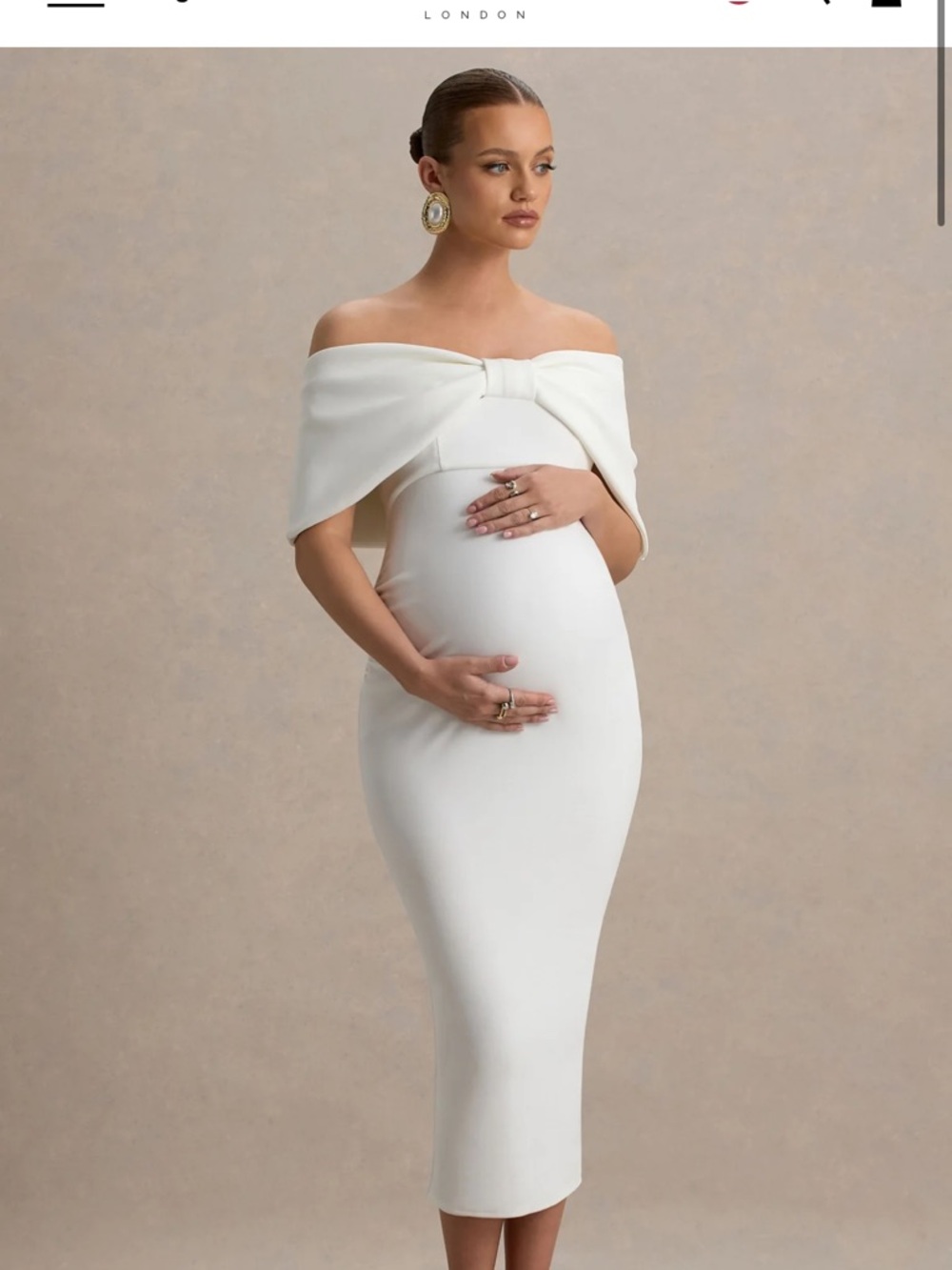 Strapless White Maternity Midi Dress with Sculpted Bow Detail